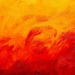 Abstract red, orange and yellow brush strokes, real oil painting on canvas by hand full frame