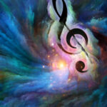 Treble clef symbol in swirl of colorful paint as backdrop